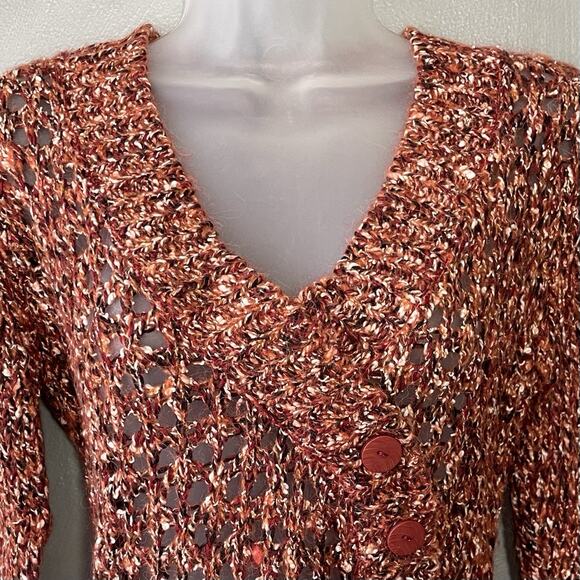 BKE Mohair Alpaca Sweater Size Medium Open Knit Marled Orange V-neck Y2K Boho - Picture 3 of 9